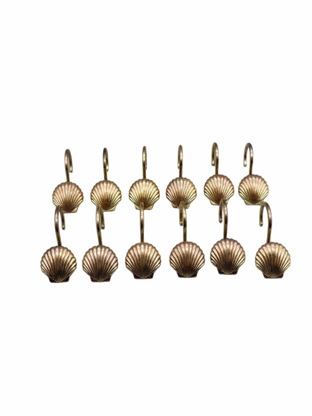 12 Vintage Brass Plated Scallop Shell Seashell Shower Curtain Hooks 1.5” Beach